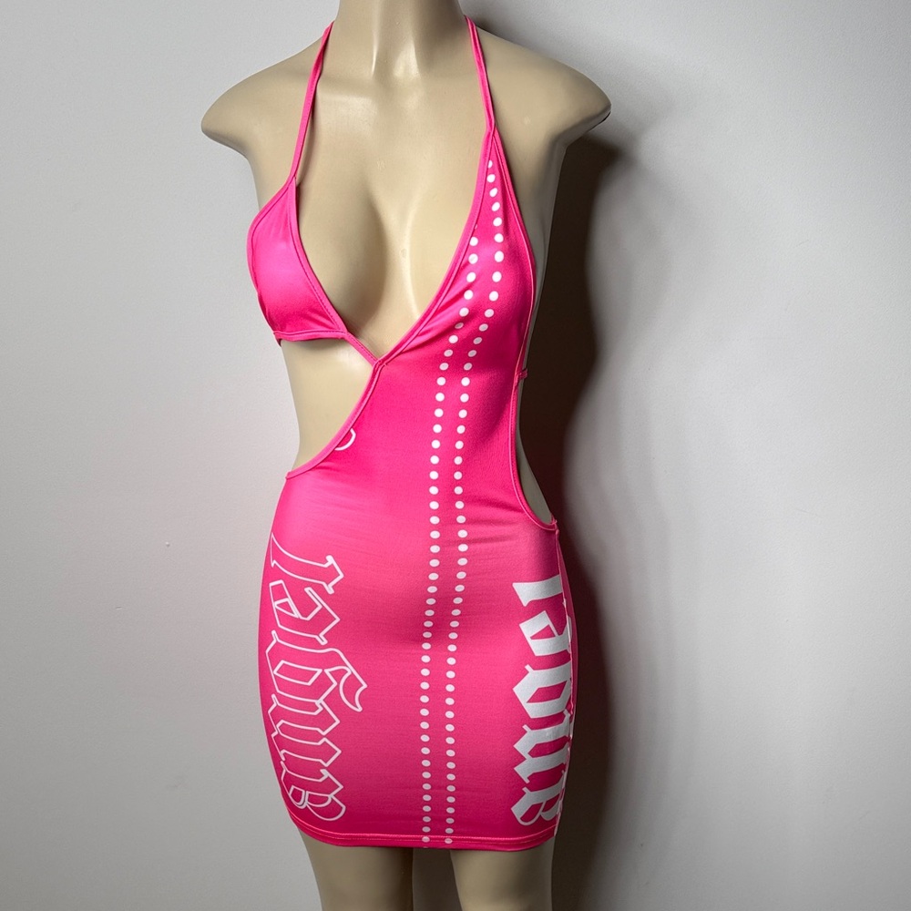 SHEIN Hot Pink Halter Mini Dress with White Graphic Stripe NWOT
